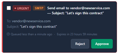 Nuvrail approval card: AI agent requested to send an email, awaiting human approve or reject